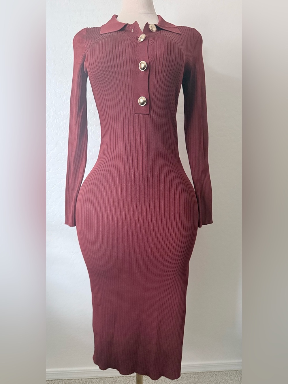 Good American Rib Knit Polo Bodycon Midi Dress Brick Red Gold Buttons 3/4